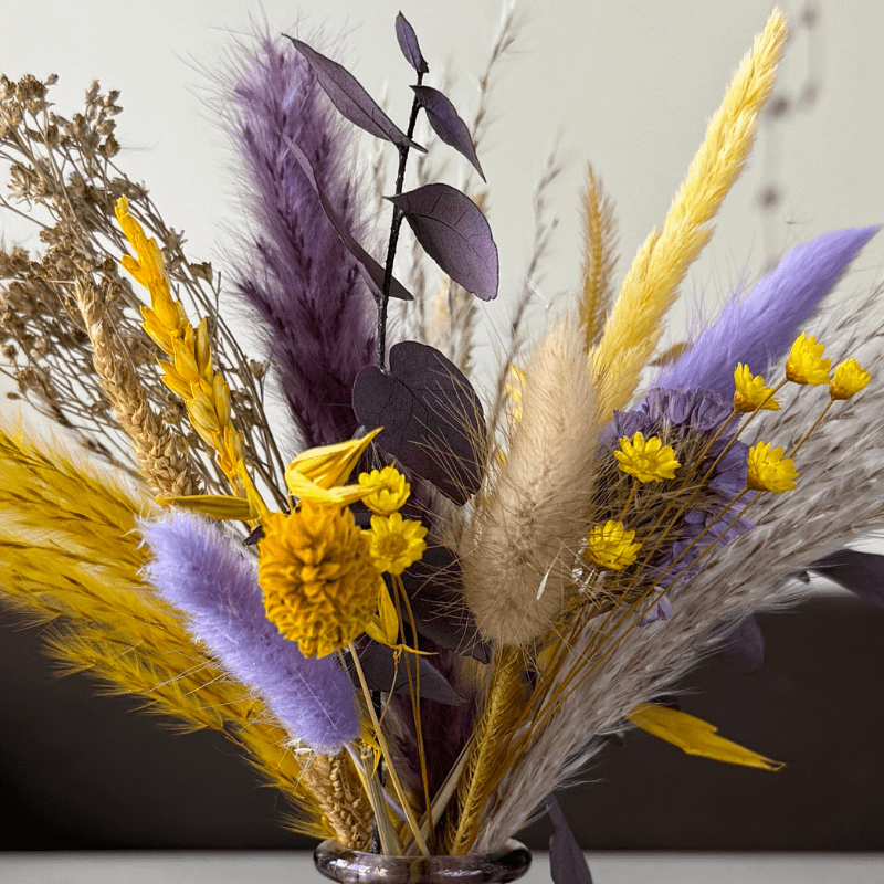 Amina Dried Flower Arrangement In Yellow, Purple & Natural - Pampas Tallo