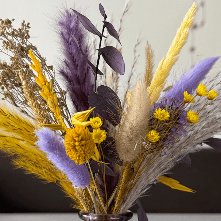 Amina Dried Flower Arrangement In Yellow, Purple & Natural - Pampas Tallo