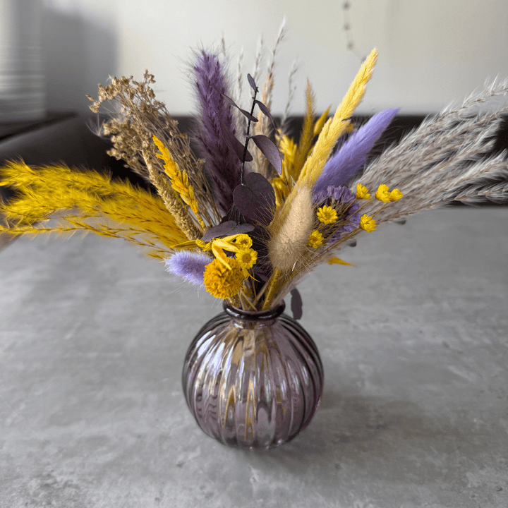 Amina Dried Flower Arrangement In Yellow, Purple & Natural - Pampas Tallo