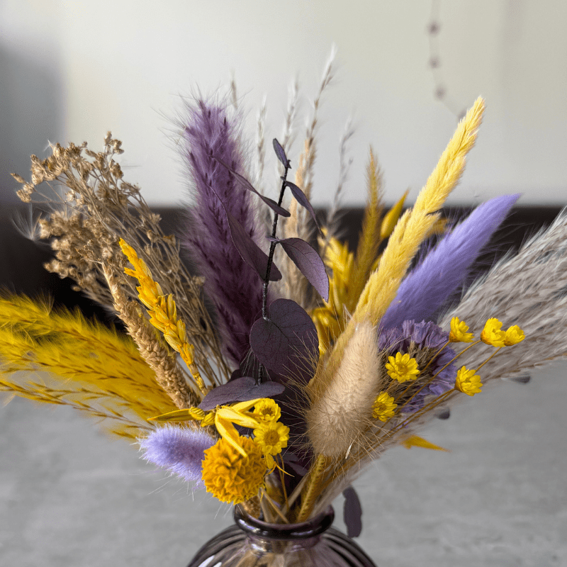 Amina Dried Flower Arrangement In Yellow, Purple & Natural - Pampas Tallo