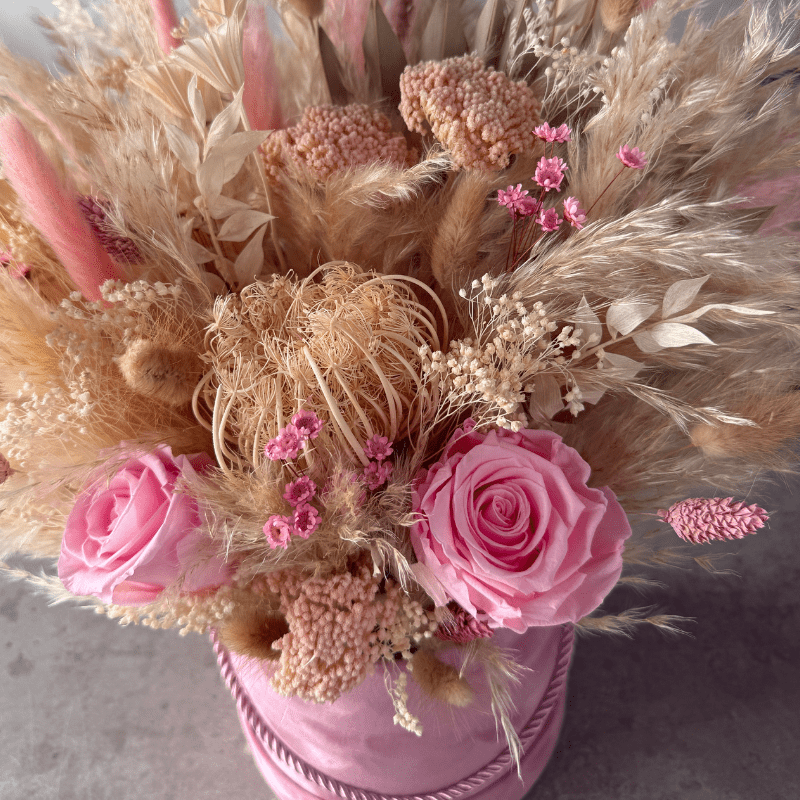 Anne Dried Flower Hat Box In Pink & Cream - Pampas Tallo