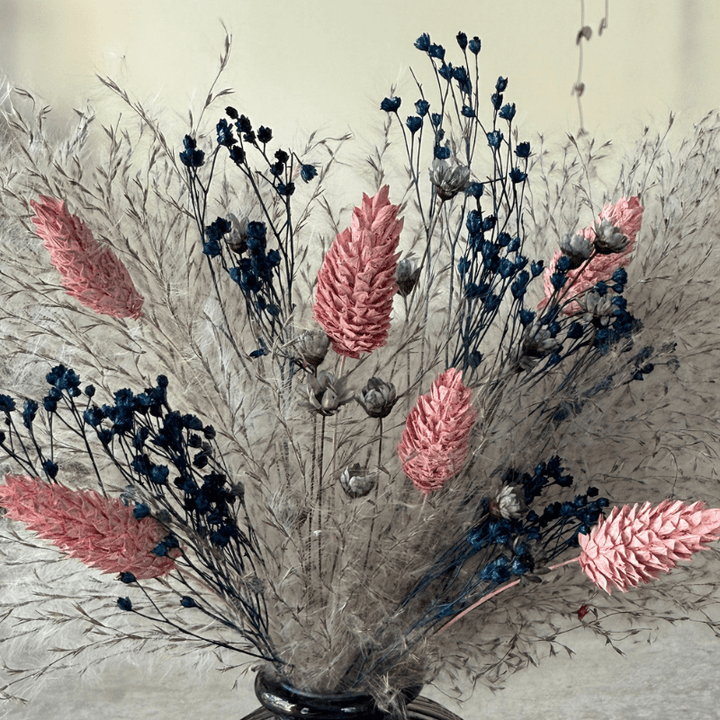 Aubrey Dried Flower Arrangement In Grey, Pink & Navy Blue - Pampas Tallo