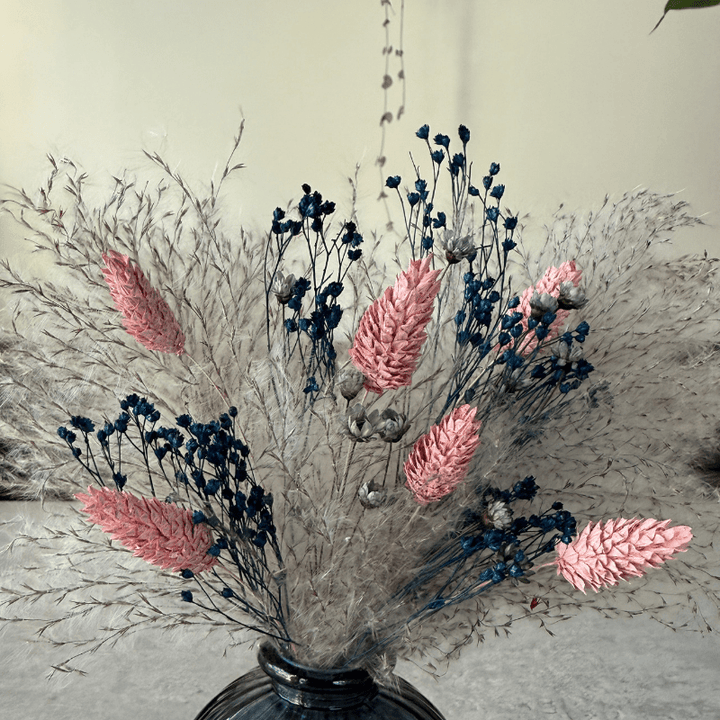 Aubrey Dried Flower Arrangement In Grey, Pink & Navy Blue - Pampas Tallo