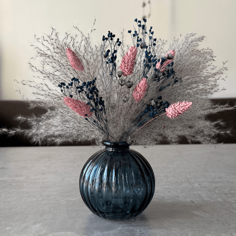 Aubrey Dried Flower Arrangement In Grey, Pink & Navy Blue - Pampas Tallo
