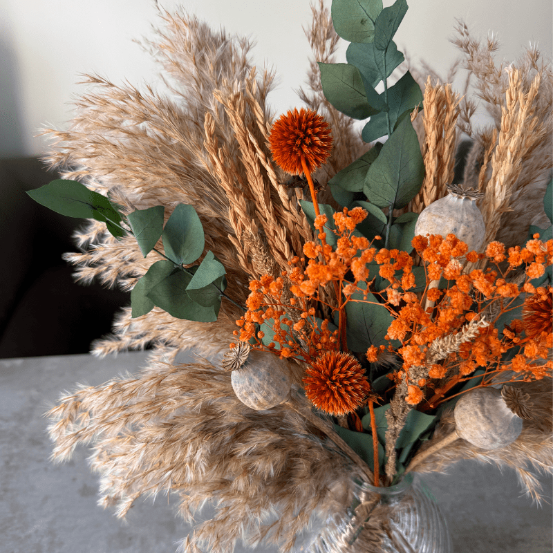 Charlotte Dried Flower Arrangement In Natural, Orange & Eucalyptus - Pampas Tallo