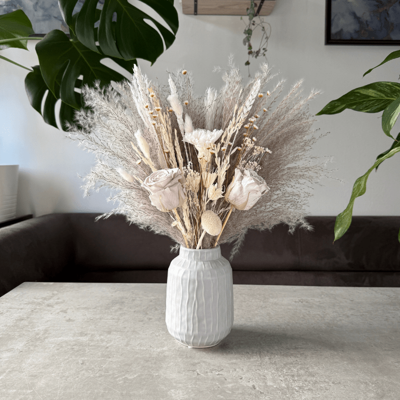 Cora Dried Flower Arrangement In Grey, White & Preserved Flowers - Pampas Tallo