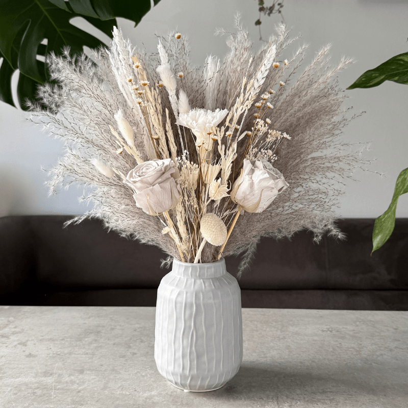 Cora Dried Flower Arrangement In Grey, White & Preserved Flowers - Pampas Tallo