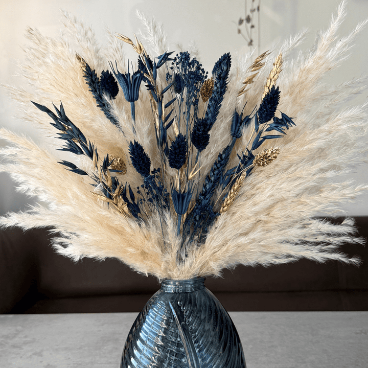 Courtney Dried Flower Arrangement In Navy, Cream & Gold - Pampas Tallo
