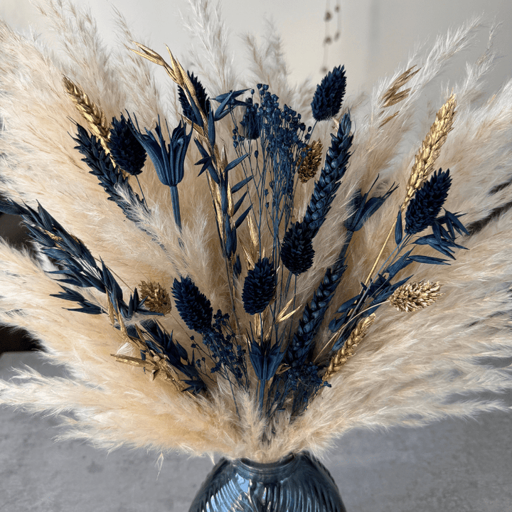 Courtney Dried Flower Arrangement In Navy, Cream & Gold - Pampas Tallo