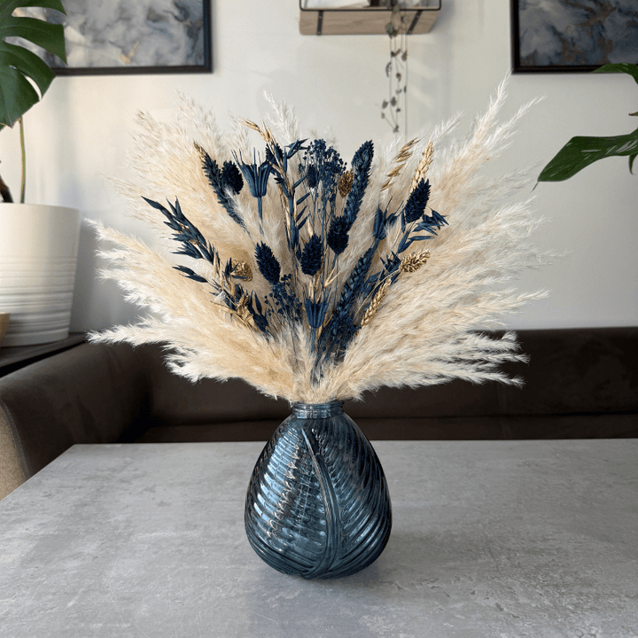 Courtney Dried Flower Arrangement In Navy, Cream & Gold - Pampas Tallo