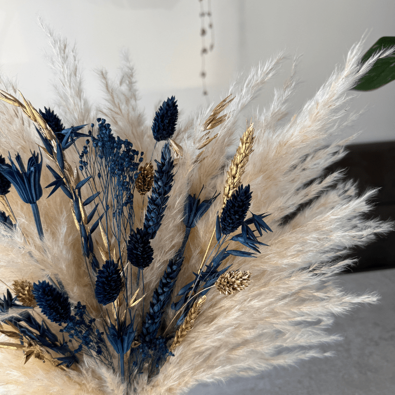 Courtney Dried Flower Arrangement In Navy, Cream & Gold - Pampas Tallo