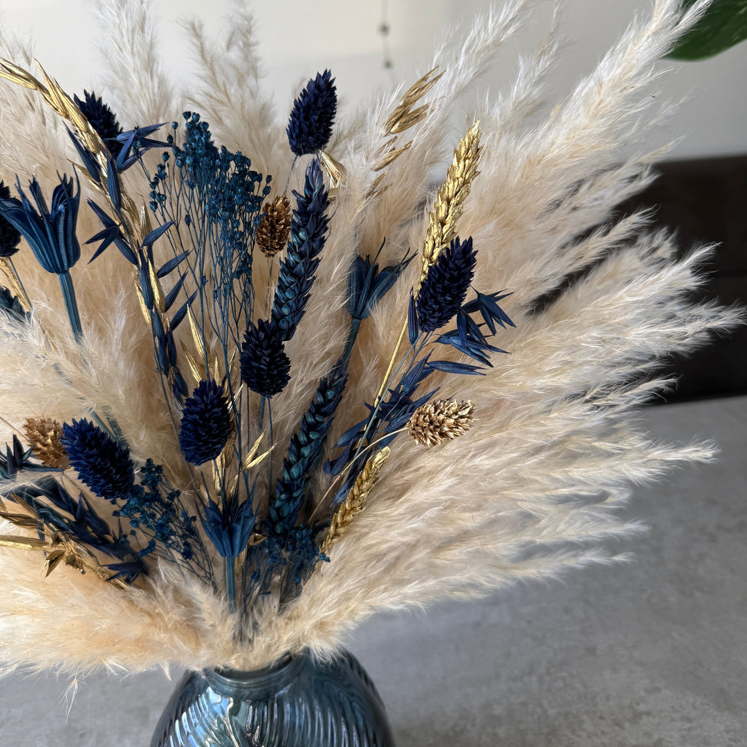 Courtney Dried Flower Arrangement | Navy, Cream &amp; Gold - Pampas Tallo