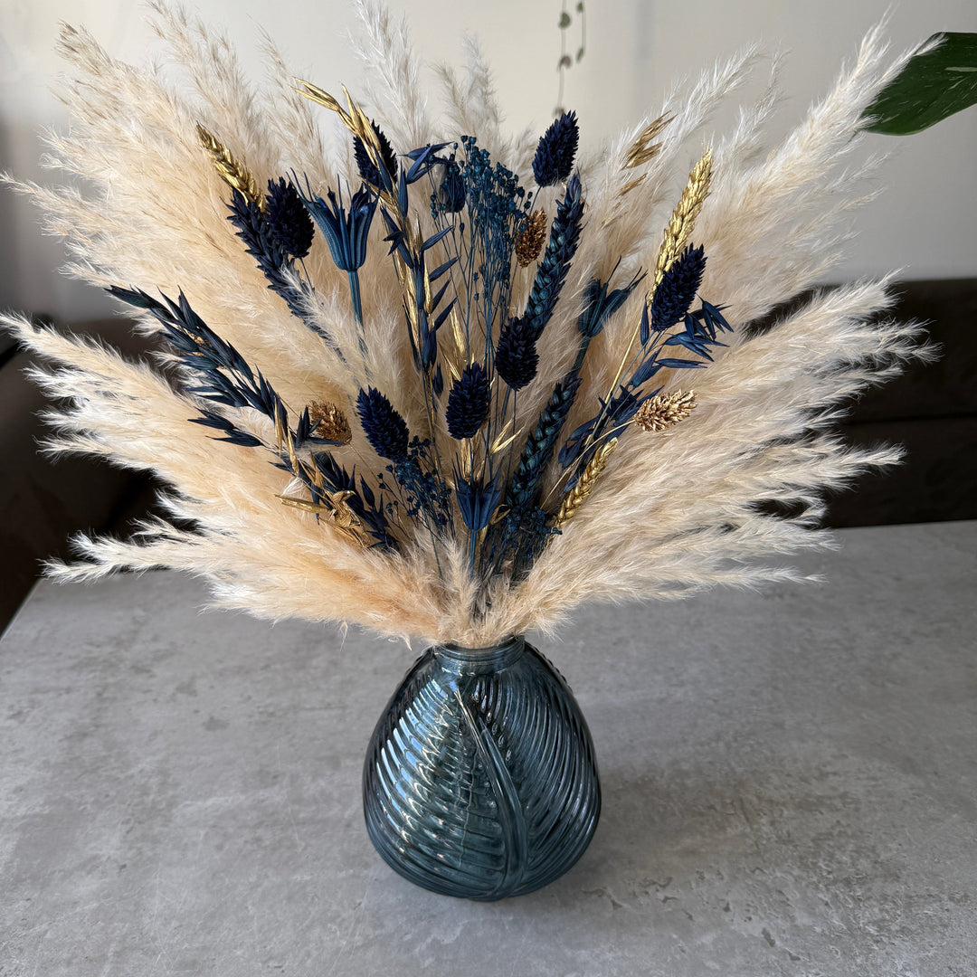 Courtney Dried Flower Arrangement | Navy, Cream &amp; Gold - Pampas Tallo