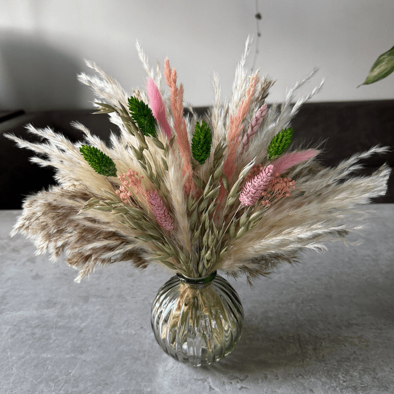 Dakota Dried Flower Arrangement In Green, Pink, Natural & Cream - Pampas Tallo