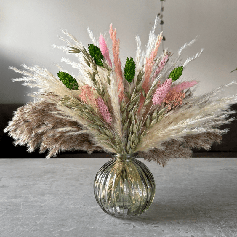 Dakota Dried Flower Arrangement In Green, Pink, Natural & Cream - Pampas Tallo