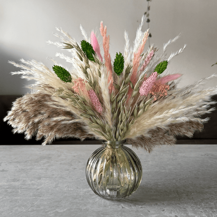 Dakota Dried Flower Arrangement In Green, Pink, Natural & Cream - Pampas Tallo