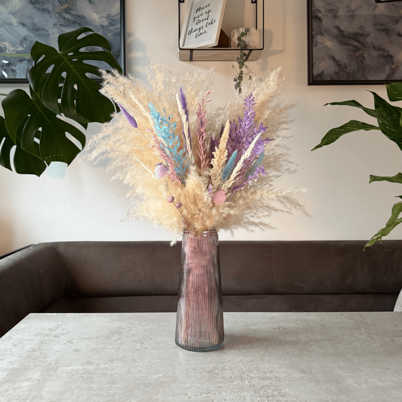 Danielle Dried Flower Arrangement In Cream, Pink, Purple & Blue - Pampas Tallo