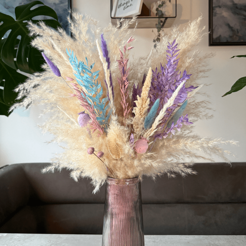 Danielle Dried Flower Arrangement In Cream, Pink, Purple & Blue - Pampas Tallo