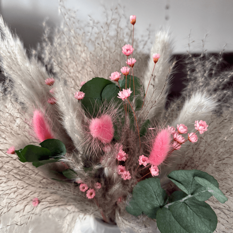 Dawn Dried Flower Arrangement In Pink, Grey & Green Eucalyptus - Pampas Tallo