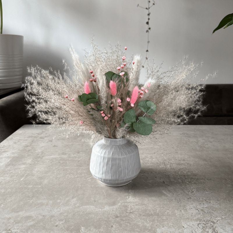 Dawn Dried Flower Arrangement In Pink, Grey & Green Eucalyptus - Pampas Tallo