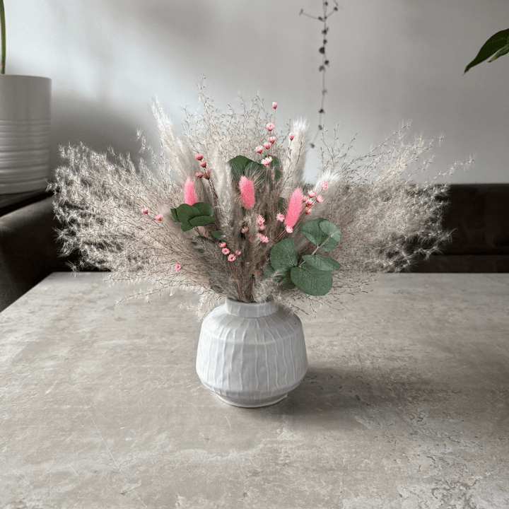 Dawn Dried Flower Arrangement In Pink, Grey & Green Eucalyptus - Pampas Tallo