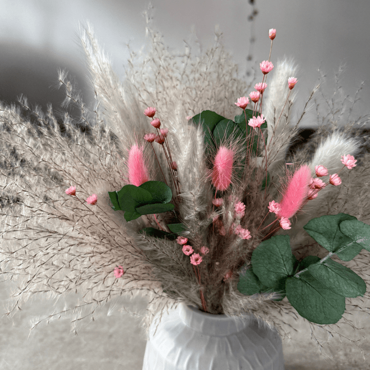 Dawn Dried Flower Arrangement In Pink, Grey & Green Eucalyptus - Pampas Tallo