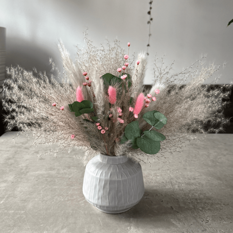 Dawn Dried Flower Arrangement In Pink, Grey & Green Eucalyptus - Pampas Tallo