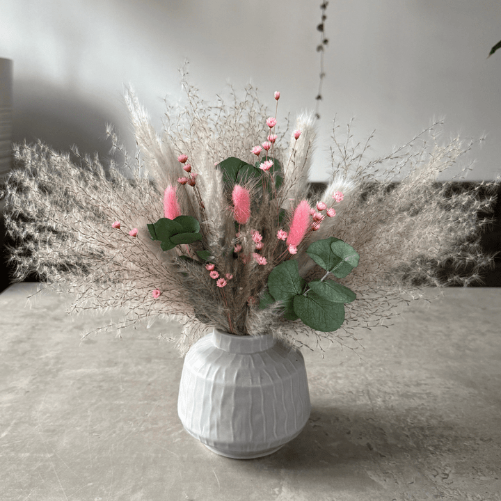 Dawn Dried Flower Arrangement In Pink, Grey & Green Eucalyptus - Pampas Tallo