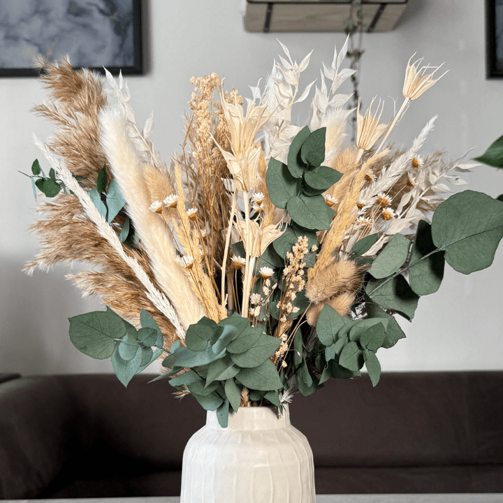 Elina Dried Flower Arrangement In Natural, White & Eucalyptus - Pampas Tallo