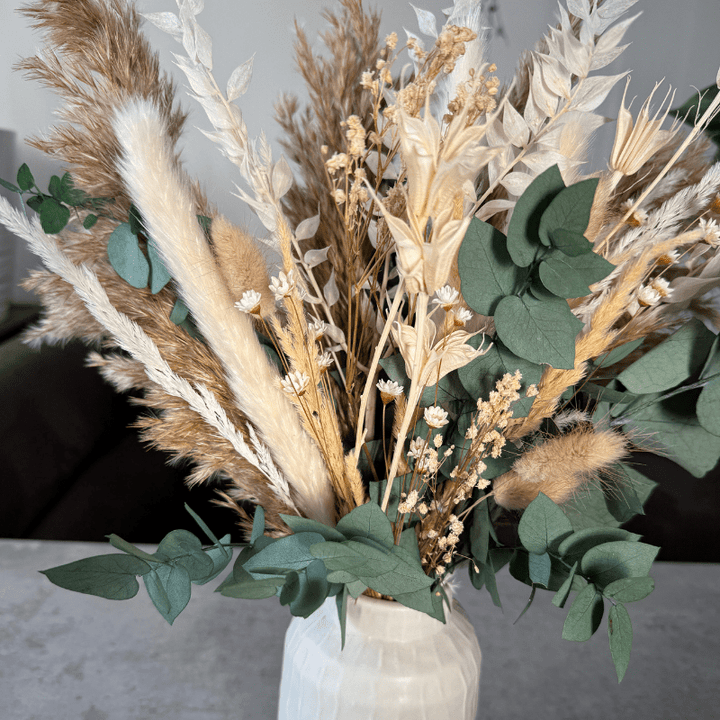 Elina Dried Flower Arrangement In Natural, White & Eucalyptus - Pampas Tallo