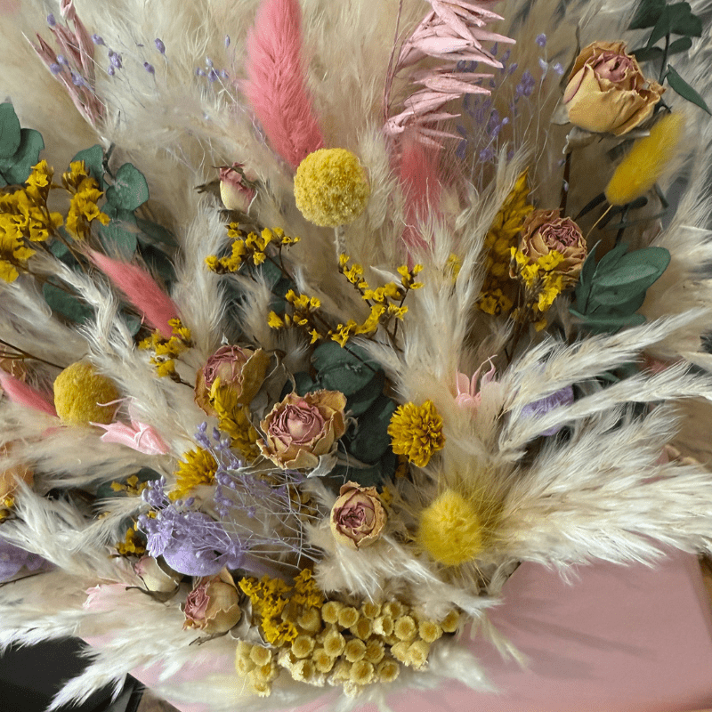 Etta Envelope Dried Flower Box In Cream, Pink, Purple, Yellow & Green - Pampas Tallo