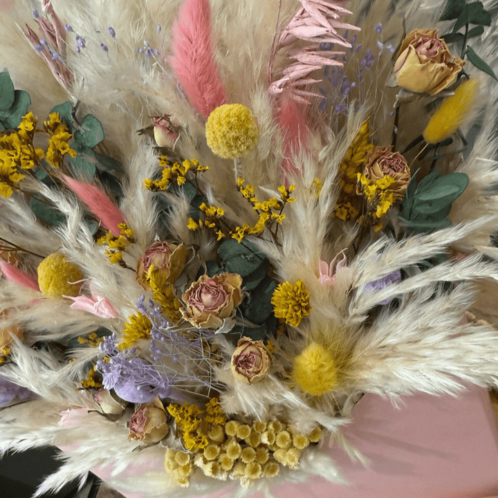 Etta Envelope Dried Flower Box In Cream, Pink, Purple, Yellow & Green - Pampas Tallo