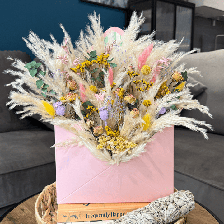 Etta Envelope Dried Flower Box In Cream, Pink, Purple, Yellow & Green - Pampas Tallo