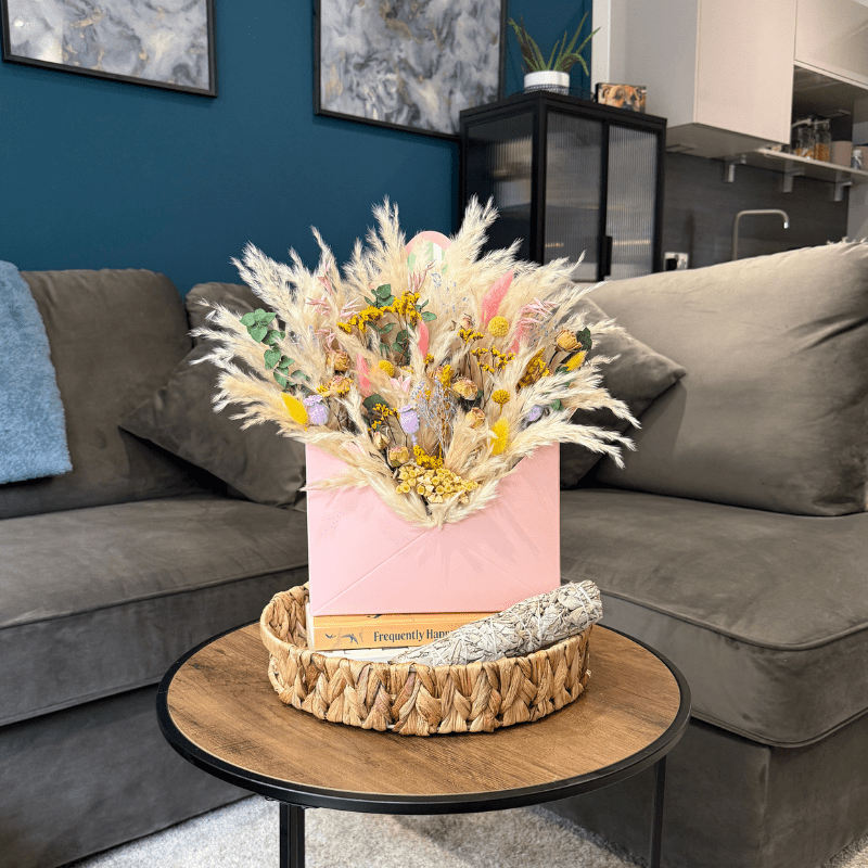Etta Envelope Dried Flower Box In Cream, Pink, Purple, Yellow & Green - Pampas Tallo