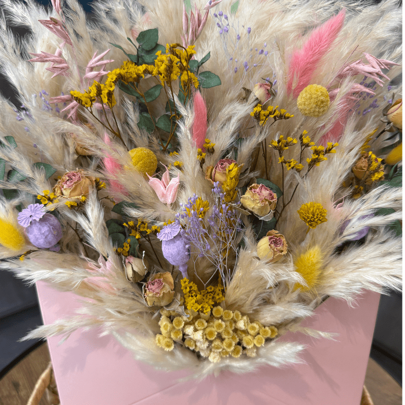 Etta Envelope Dried Flower Box In Cream, Pink, Purple, Yellow & Green - Pampas Tallo