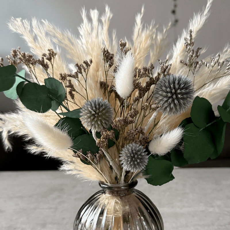 Halima Dried Flower Arrangement In Cream, Natural Purple & Eucalyptus - Pampas Tallo