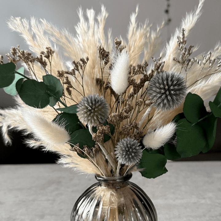 Halima Dried Flower Arrangement In Cream, Natural Purple & Eucalyptus - Pampas Tallo