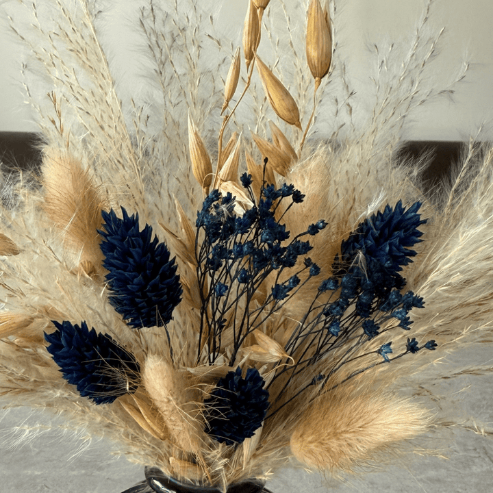 Hallie Dried Flower Arrangement In Natural & Navy Blue - Pampas Tallo