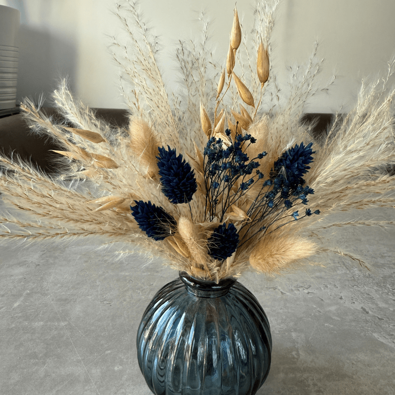 Hallie Dried Flower Arrangement In Natural & Navy Blue - Pampas Tallo