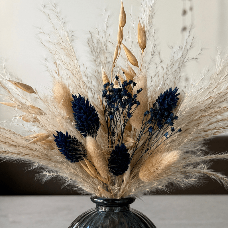 Hallie Dried Flower Arrangement In Natural & Navy Blue - Pampas Tallo