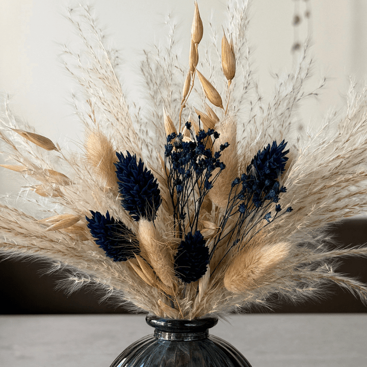 Hallie Dried Flower Arrangement In Natural & Navy Blue - Pampas Tallo