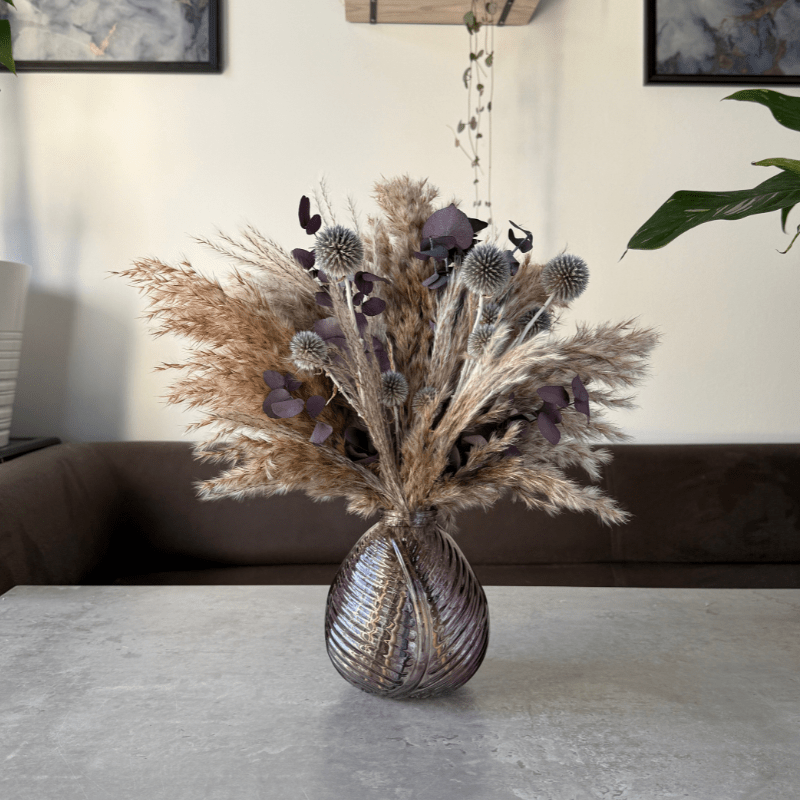 Isla Dried Flower Arrangement In Natural, Scottish Thistles & Purple Eucalyptus - Pampas Tallo