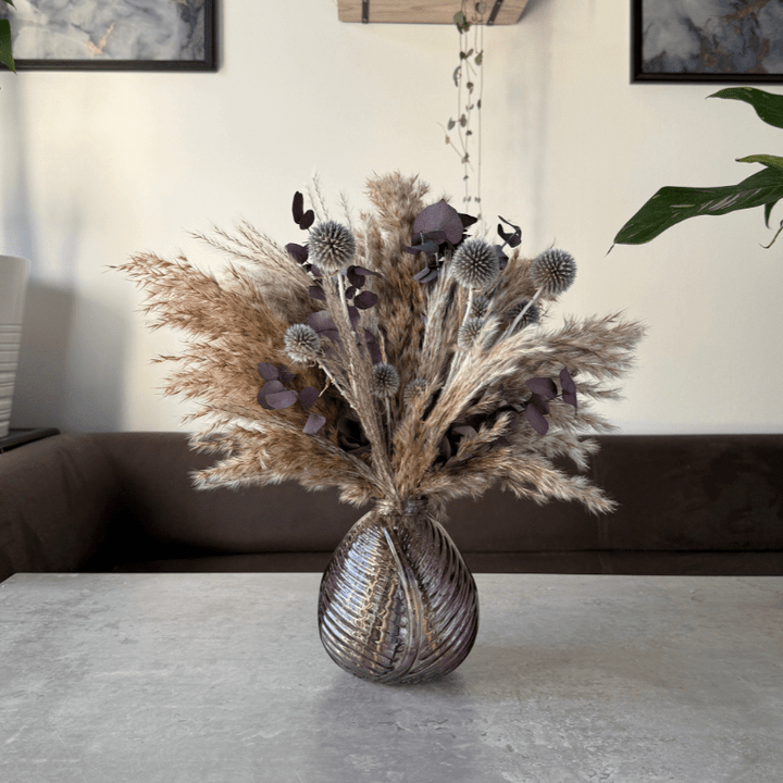 Isla Dried Flower Arrangement In Natural, Scottish Thistles & Purple Eucalyptus - Pampas Tallo
