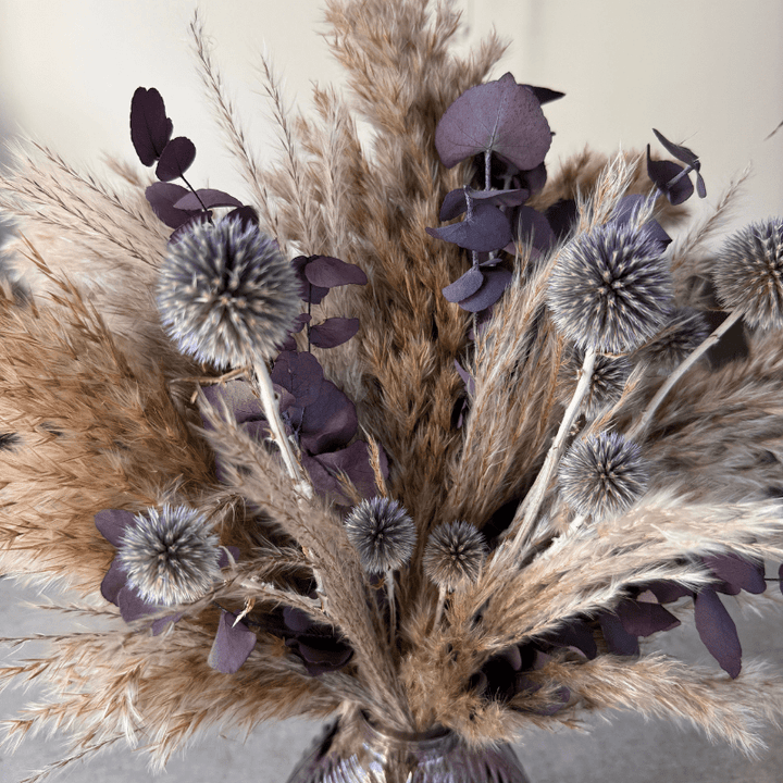 Isla Dried Flower Arrangement In Natural, Scottish Thistles & Purple Eucalyptus - Pampas Tallo