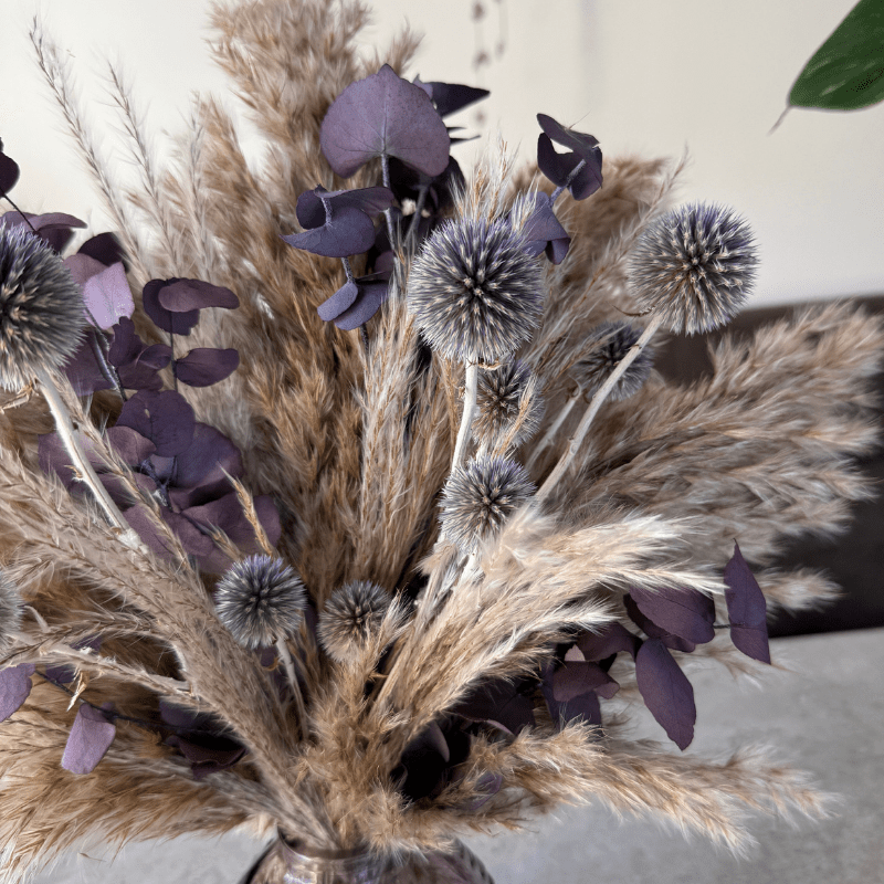Isla Dried Flower Arrangement In Natural, Scottish Thistles & Purple Eucalyptus - Pampas Tallo