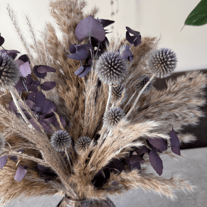 Isla Dried Flower Arrangement In Natural, Scottish Thistles & Purple Eucalyptus - Pampas Tallo