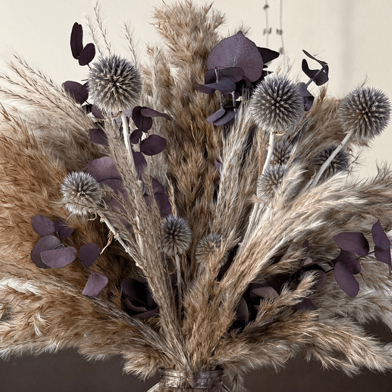 Isla Dried Flower Arrangement In Natural, Scottish Thistles & Purple Eucalyptus - Pampas Tallo