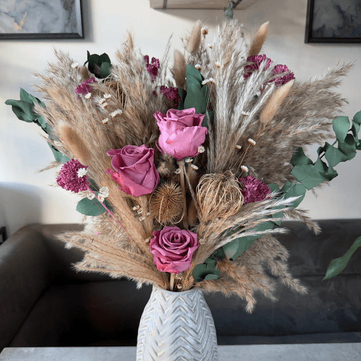 Juliet Dried Flower Arrangement In Natural, Pink & Eucalyptus - Pampas Tallo