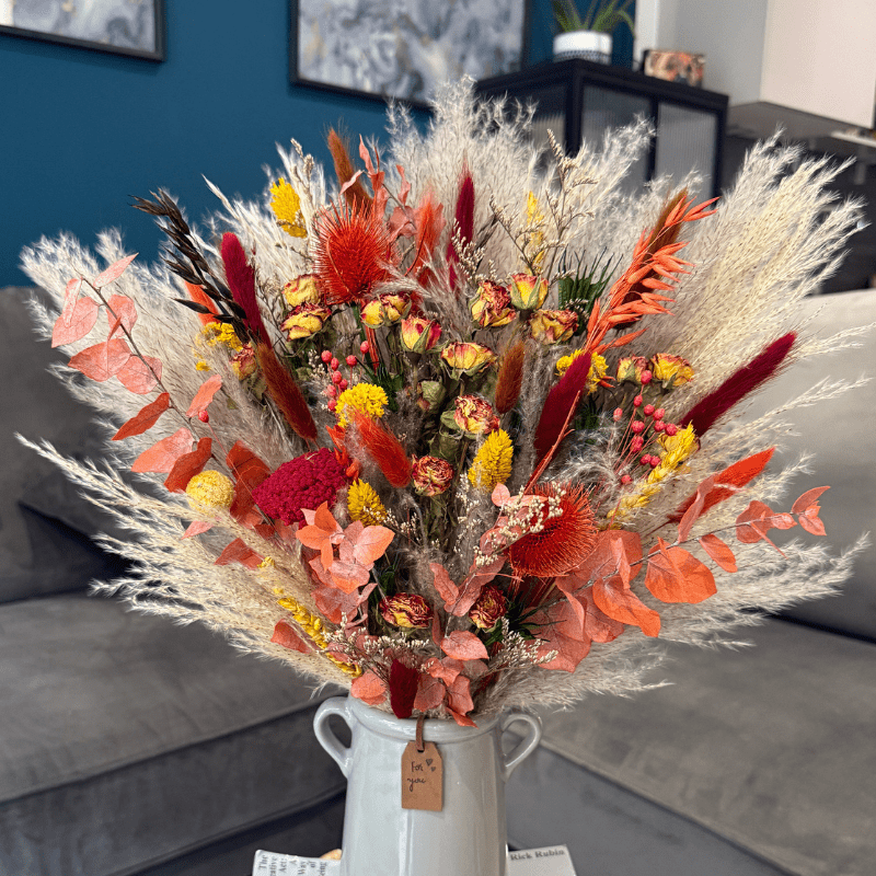 Karen Dried Flower Arrangement In Orange, Yellow, Red, Green & Natural - Pampas Tallo