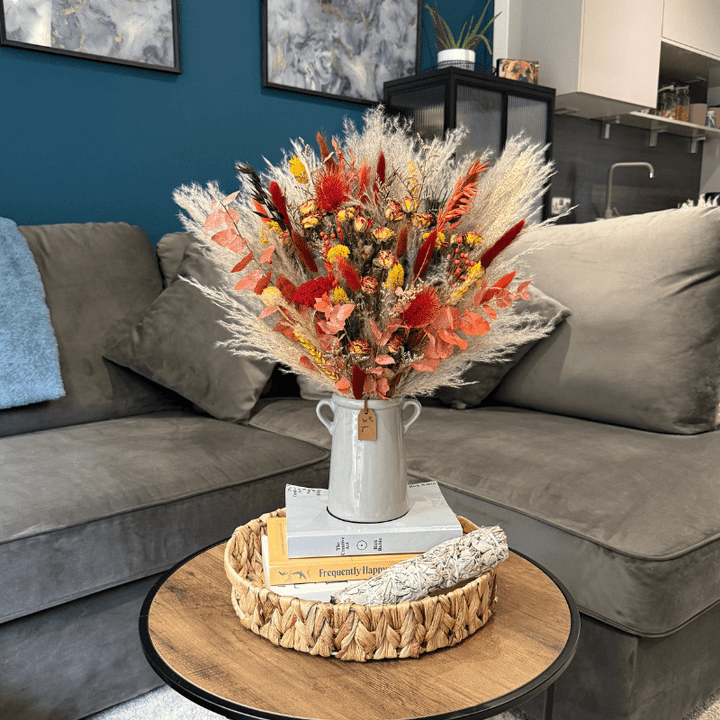 Karen Dried Flower Arrangement In Orange, Yellow, Red, Green & Natural - Pampas Tallo